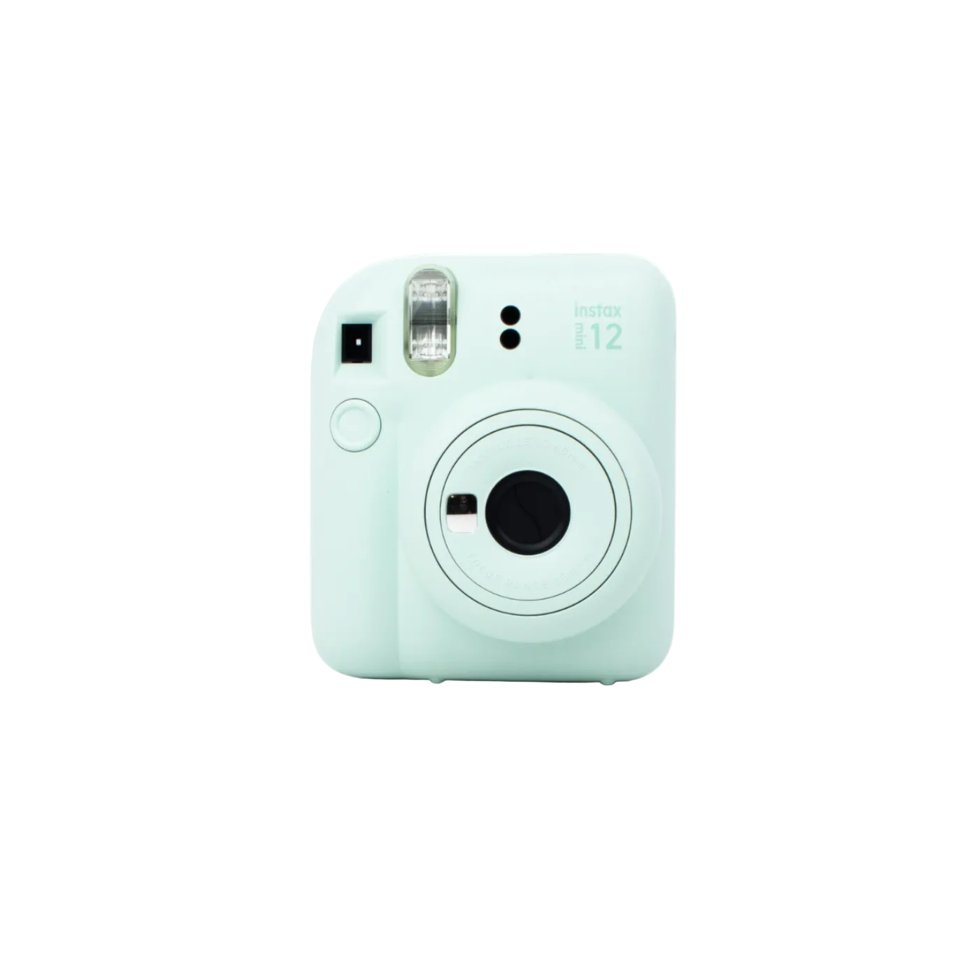 A mint green instant camera, identified as a Fujifilm Instax Mini 12, shown from the front on a seamless white background.