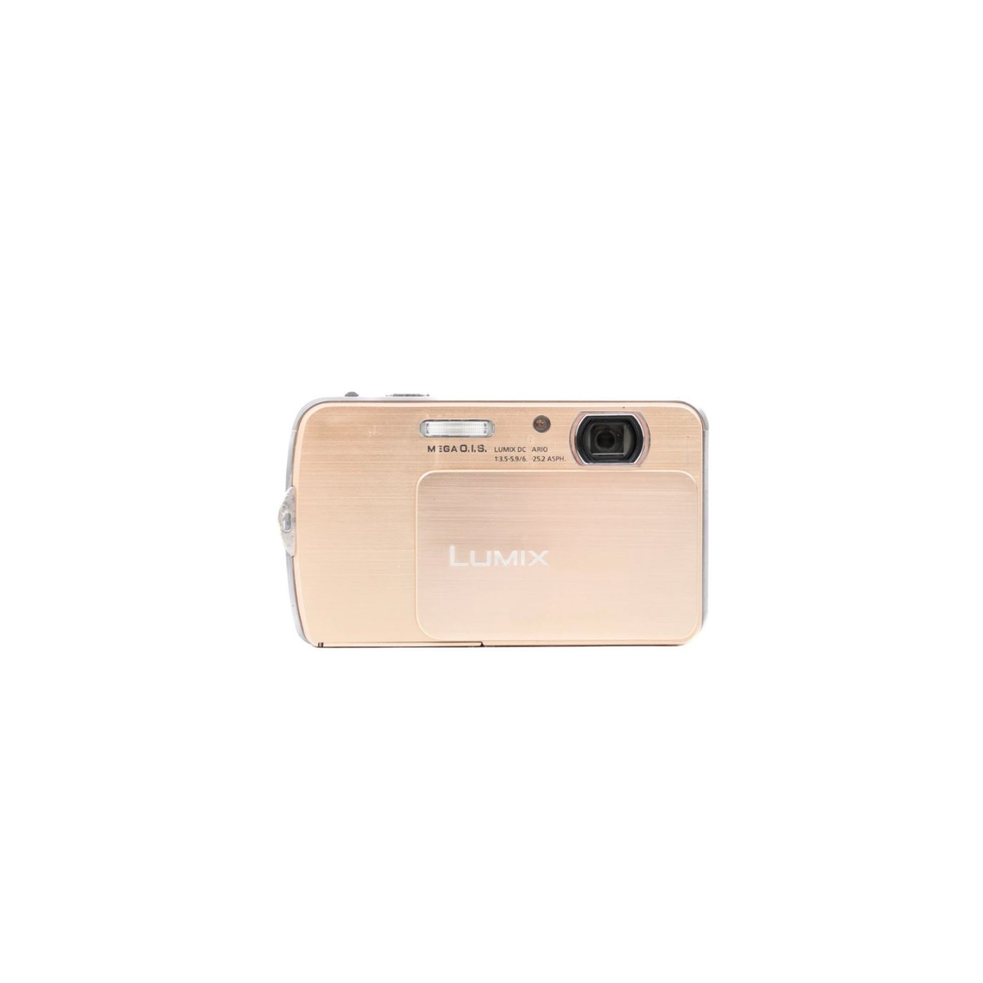 Panasonic Lumix M-DC Gold digital camera shown from the back on a solid white background.