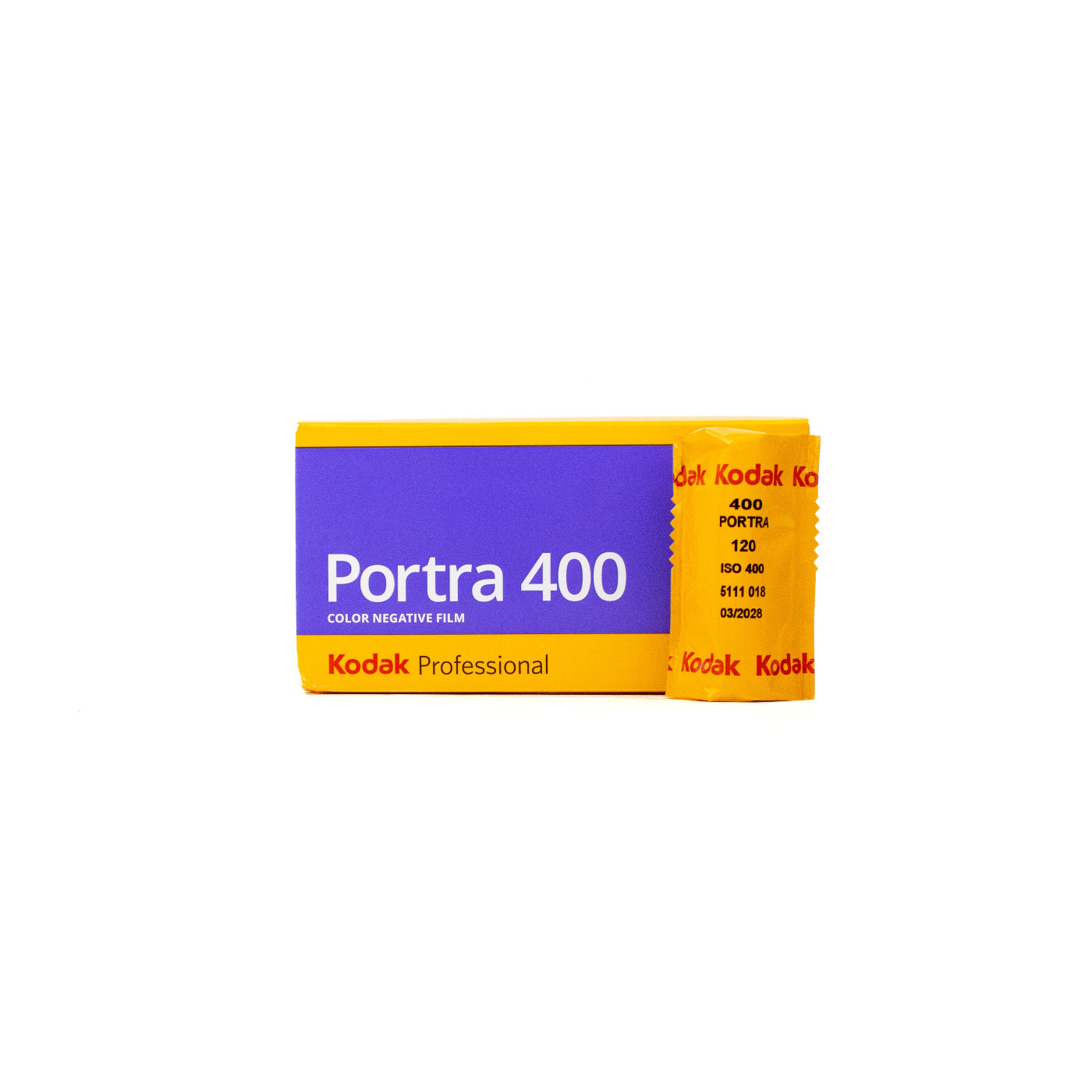 A pack of Kodak Professional Portra 400 color negative film, showing the purple and yellow box alongside a single film canister on a plain white background.