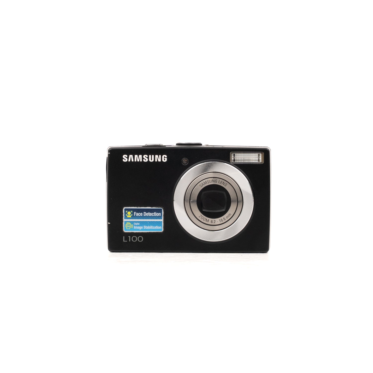Samsung L100 digicam — vista frontal, disponible en LX-FILM
